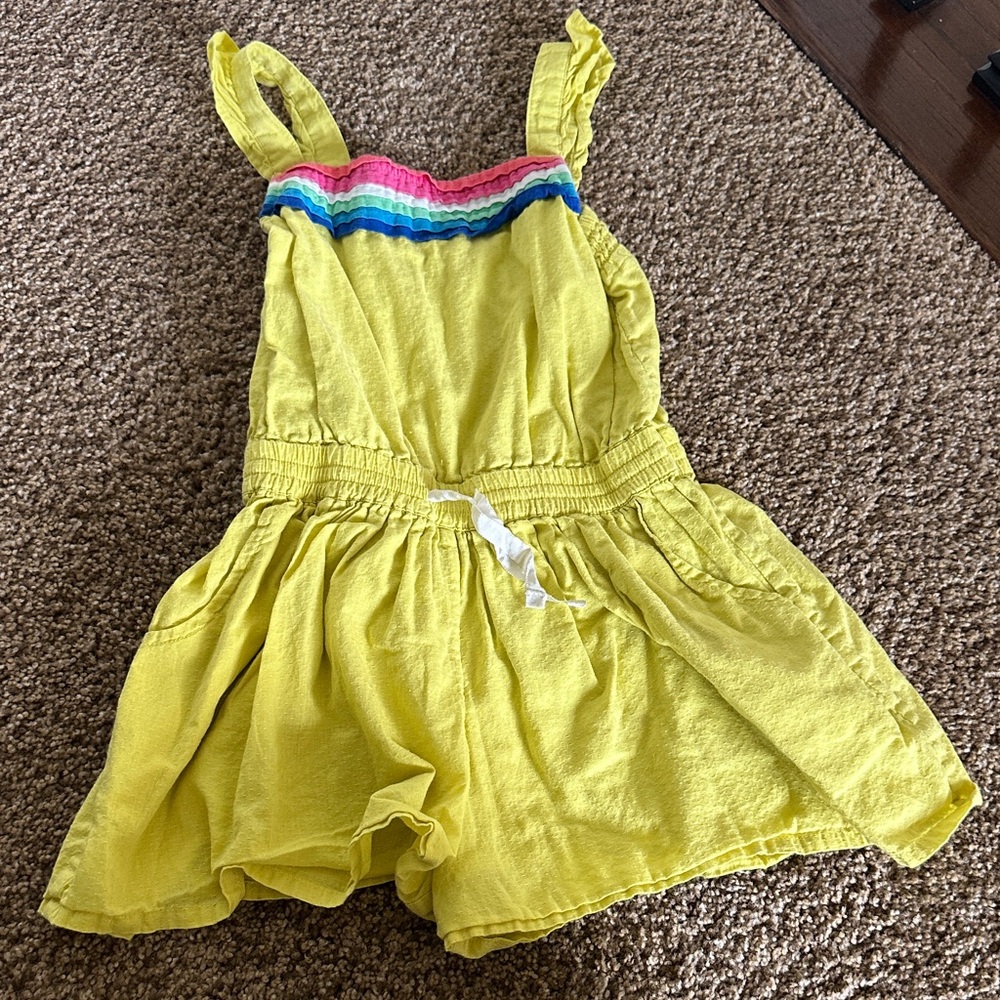 Mini Boden Yellow Romper with Rainbow Stripes